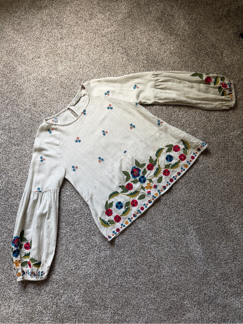 Zara Cream Embroidered Peasant Blouse with Red & Blue Floral Detail